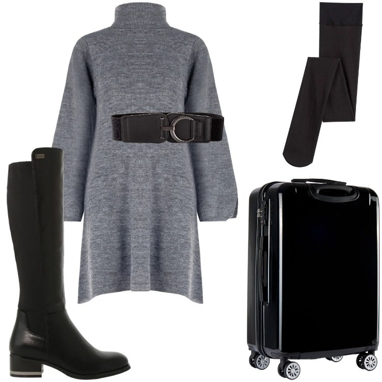 Outfit donna - Total look #2292906. Stile Basic per Serata fuori. Abbinamento con cinture, collant, vestiti corti, stivali sopra il ginocchio, valigie.
