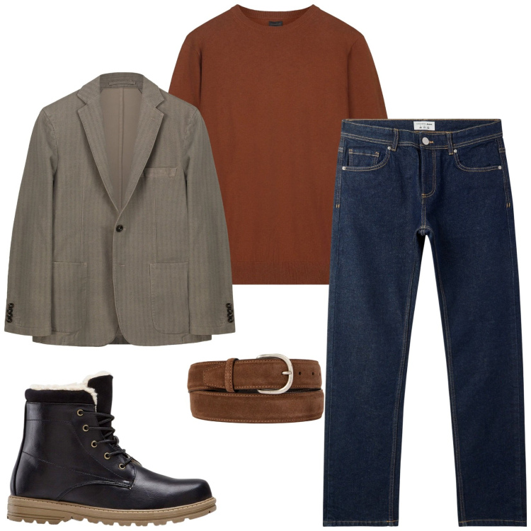 Outfit uomo - Total look #2292909. Stile Casual per Tutti i giorni. Abbinamento con stivali e stivaletti, jeans, giacche, maglieria, cinture.