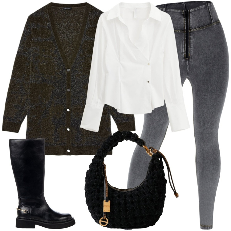Outfit donna - Sotto la pioggia. Stile Casual chic per Tutti i giorni. Abbinamento con stivali sopra il ginocchio, camicie, borse a mano, jeggings, cardigans.
