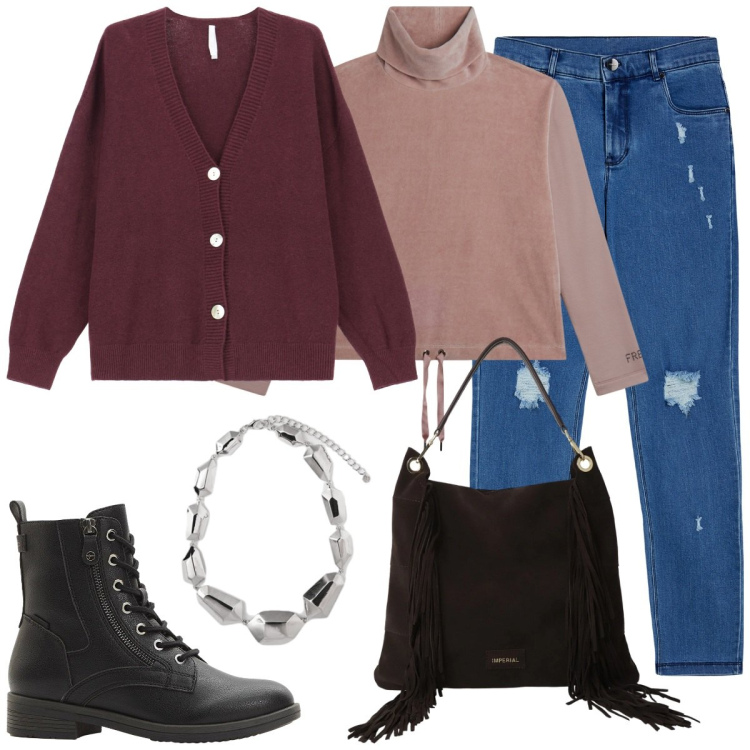 Outfit donna - Purple in tutte le sue sfumature. Stile Casual chic per Tutti i giorni. Abbinamento con stivaletti, borse a spalla, cardigans, felpe, jeans skinny, ciondoli.