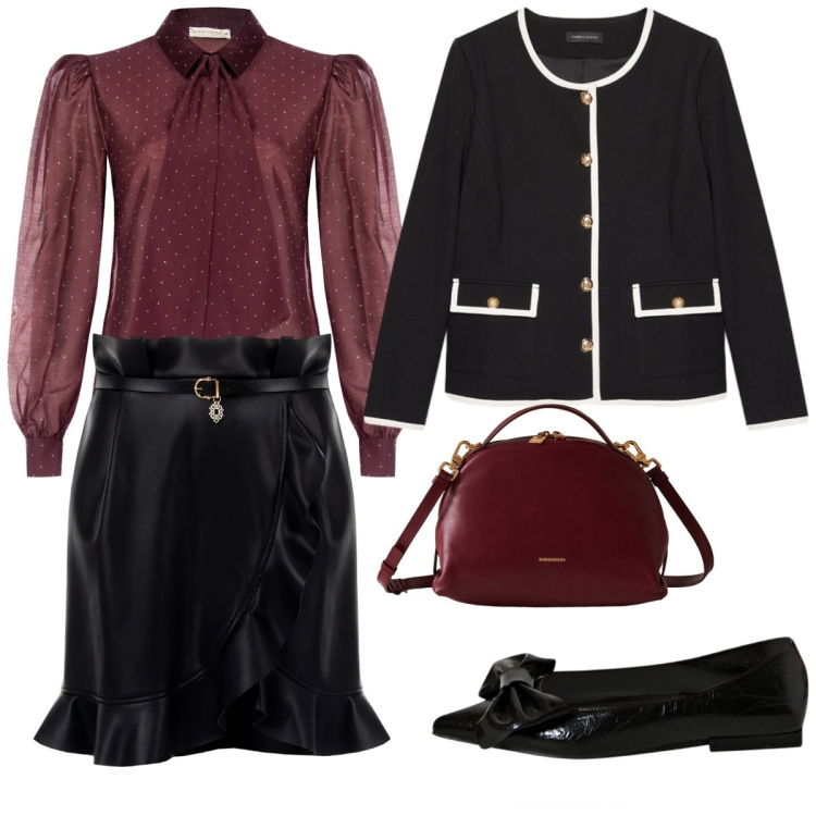 Outfit donna - Serata elegante. Stile Glamour per Serata fuori. Abbinamento con camicie, minigonne, ballerine, borse a mano, blazer.