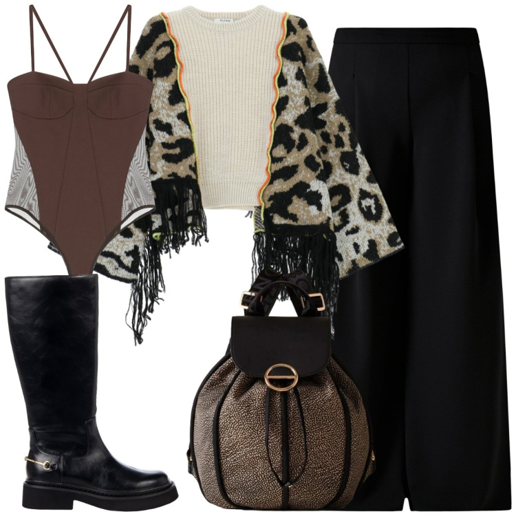 Outfit donna - Serata casual. Stile Casual chic per Serata fuori. Abbinamento con cardigans, pantaloni a palazzo, stivali sopra il ginocchio, body, zaini.