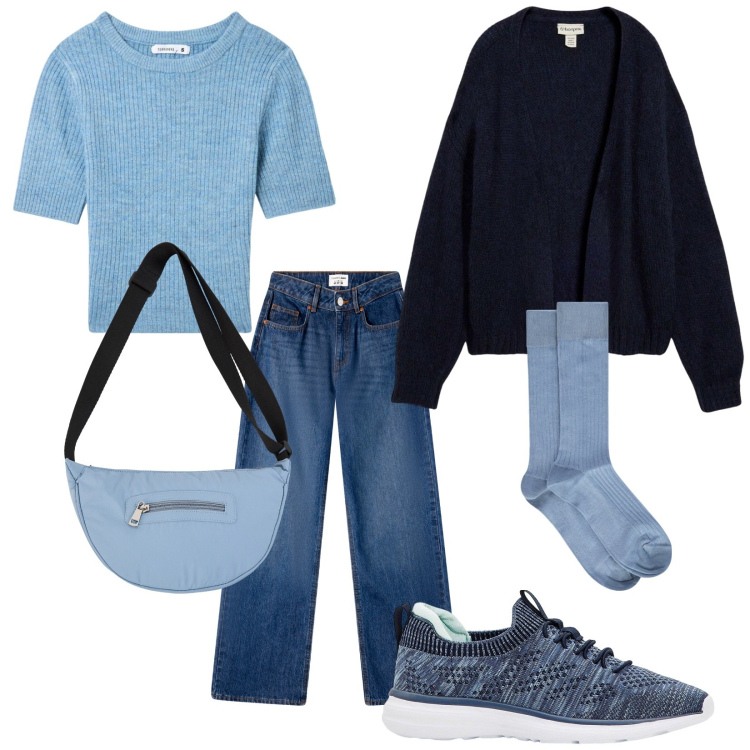 Outfit donna - Blu e jeans. Stile Casual per Tutti i giorni. Abbinamento con cardigans, sneakers, jeans, t-shirt, borse a tracolla, calzini.