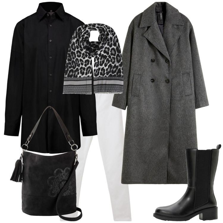 Outfit donna - Total look #2292917. Stile Trendy per Tutti i giorni. Abbinamento con stivaletti, borse a mano, cappotti, foulard, pantaloni skinny, camicie.