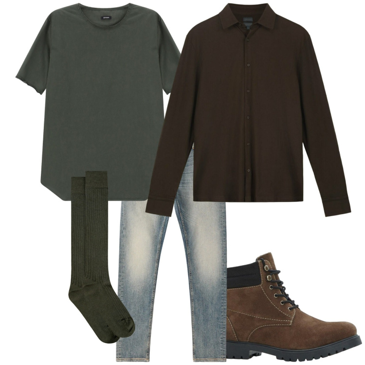 Outfit uomo - Total look #2292919. Stile Casual per Tutti i giorni. Abbinamento con stivali e stivaletti, jeans skinny, t-shirt, calzini, polo.