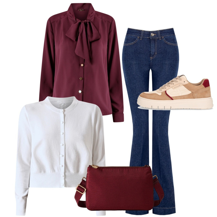 Outfit donna - Rinascimento - Black Friday 2025. Stile Bon Ton per Ufficio. Abbinamento con cardigans, bluse, jeans a zampa, borse a tracolla, sneakers.