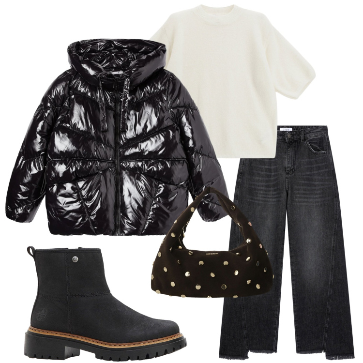 Outfit donna - Casual style. Stile Casual per Tutti i giorni. Abbinamento con stivaletti, bomber, jeans, borse a spalla, maglieria.