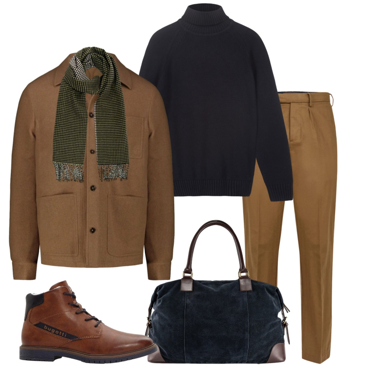 Outfit uomo - Stile viaggio. Stile Urban per Tutti i giorni. Abbinamento con stivali e stivaletti, pantaloni, borse sportive, sciarpe, pullovers, cappotti.