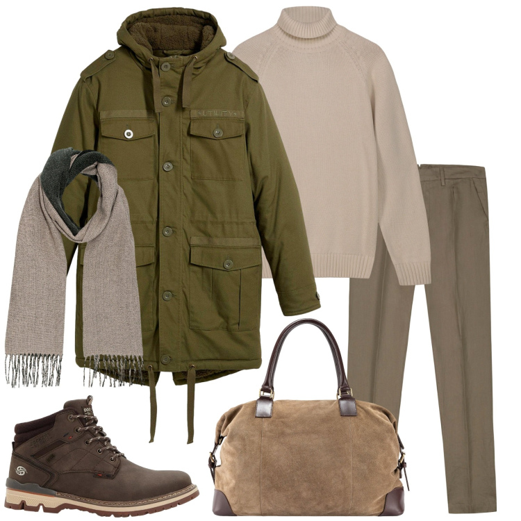 Outfit uomo - Stile viaggio. Stile Urban per Tutti i giorni. Abbinamento con stivali e stivaletti, parka, pantaloni, sciarpe, borse sportive, pullovers.