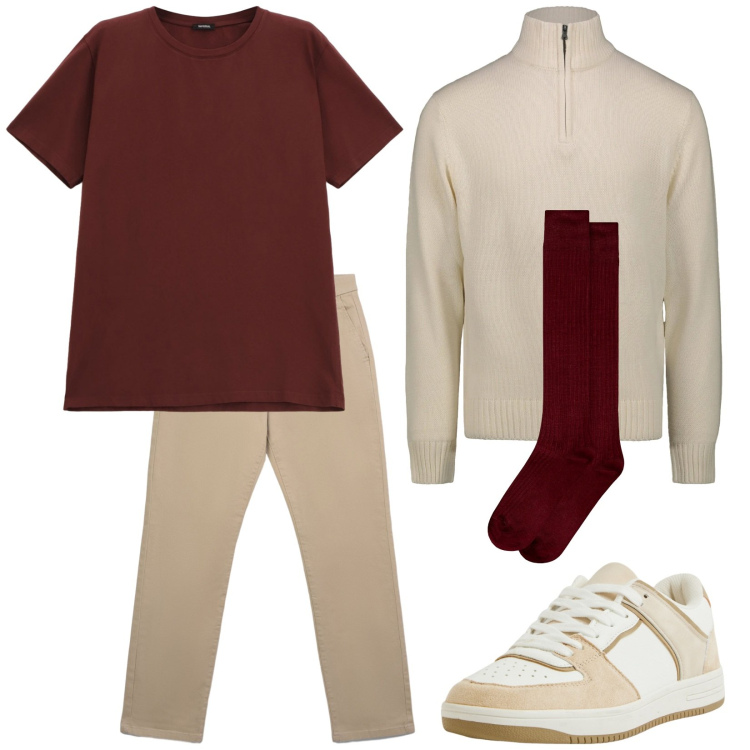 Outfit uomo - Total look #2292946. Stile Casual per Tutti i giorni. Abbinamento con sneakers, pantaloni chino, t-shirt, calzini, maglieria.