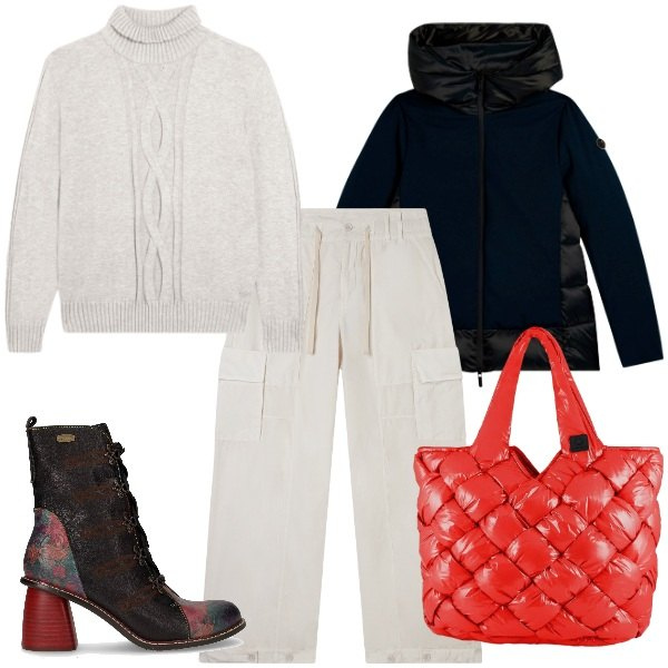 Outfit donna - Casual-chic a novembre. Stile Casual chic per Tutti i giorni. Abbinamento con pantaloni cargo, maglieria, piumini, borse tote, stivaletti.