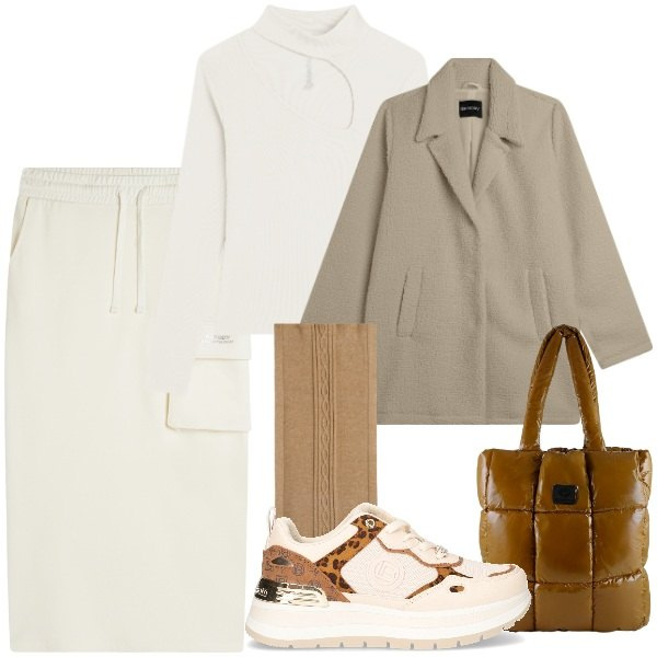 Outfit donna - Casual-chic a novembre. Stile Casual chic per Tutti i giorni. Abbinamento con gonne longuette, maglieria, cappotti, sciarpe, shopping bag, sneakers.