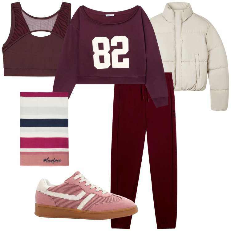 Outfit donna - Purple. Stile Sporty chic per Tutti i giorni. Abbinamento con sneakers, top sportivi, bomber, felpe, pantaloni, sciarpe.