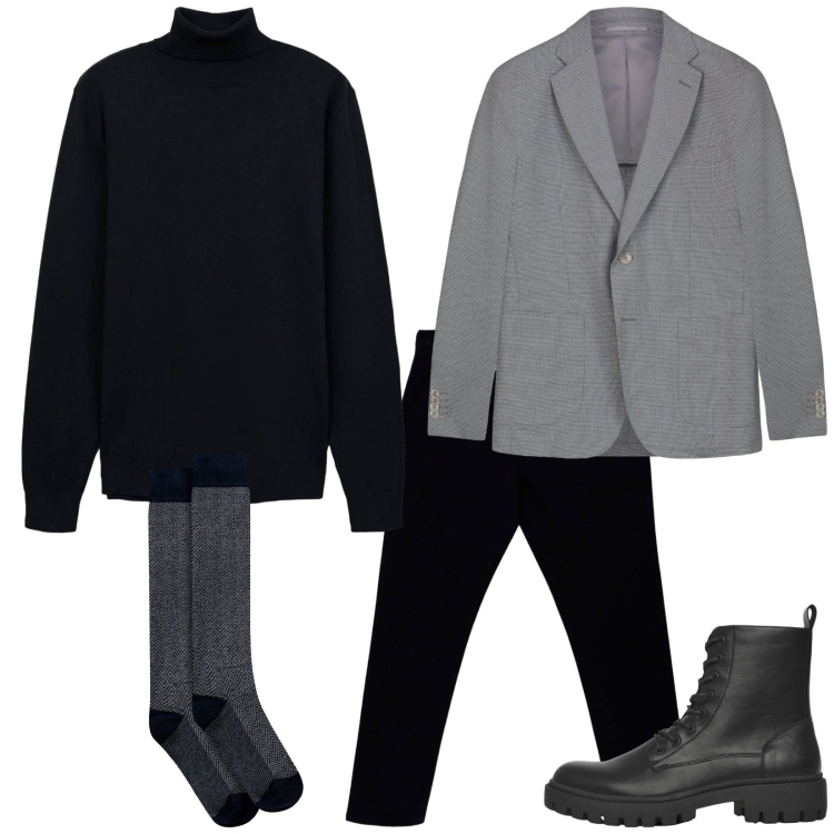 Outfit uomo - Dolcevita tinta unita. Stile Trendy per Serata speciale. Abbinamento con pantaloni chino, anfibi, maglieria, giacche, calzini.