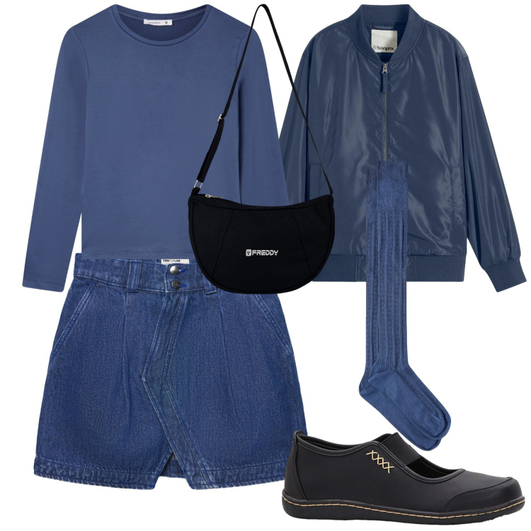 Outfit donna - Blu e nero. Stile Preppy per Tutti i giorni. Abbinamento con bomber, ballerine, t-shirt, minigonne, borse a spalla, collant.