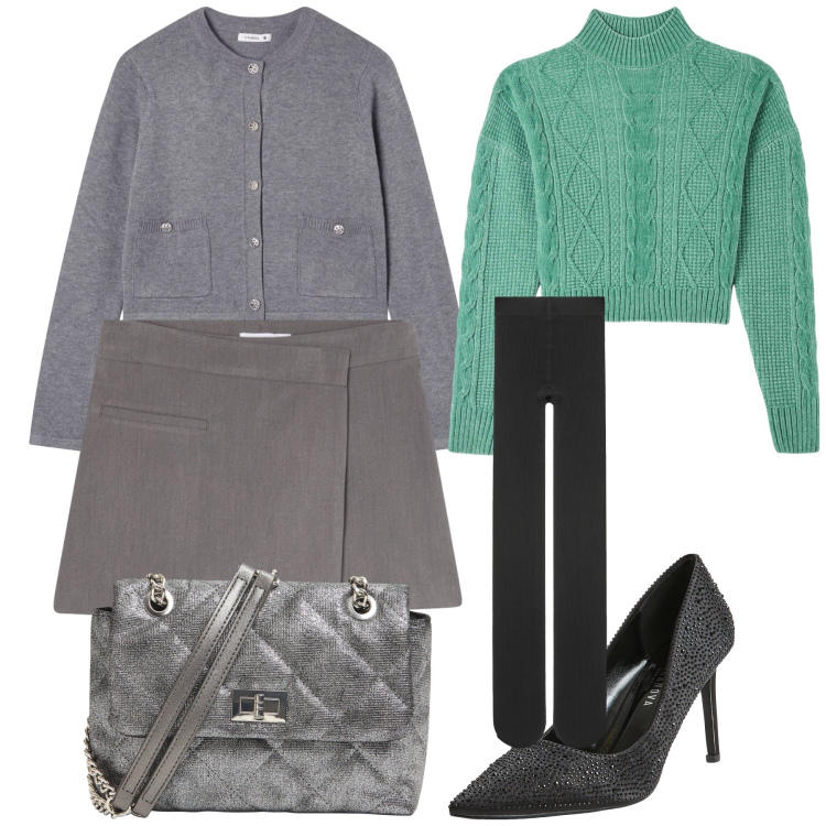 Outfit donna - Aperitivo Terranova. Stile Trendy per Serata fuori. Abbinamento con collant, borse a tracolla, gonne, maglieria, décolleté, cardigans.