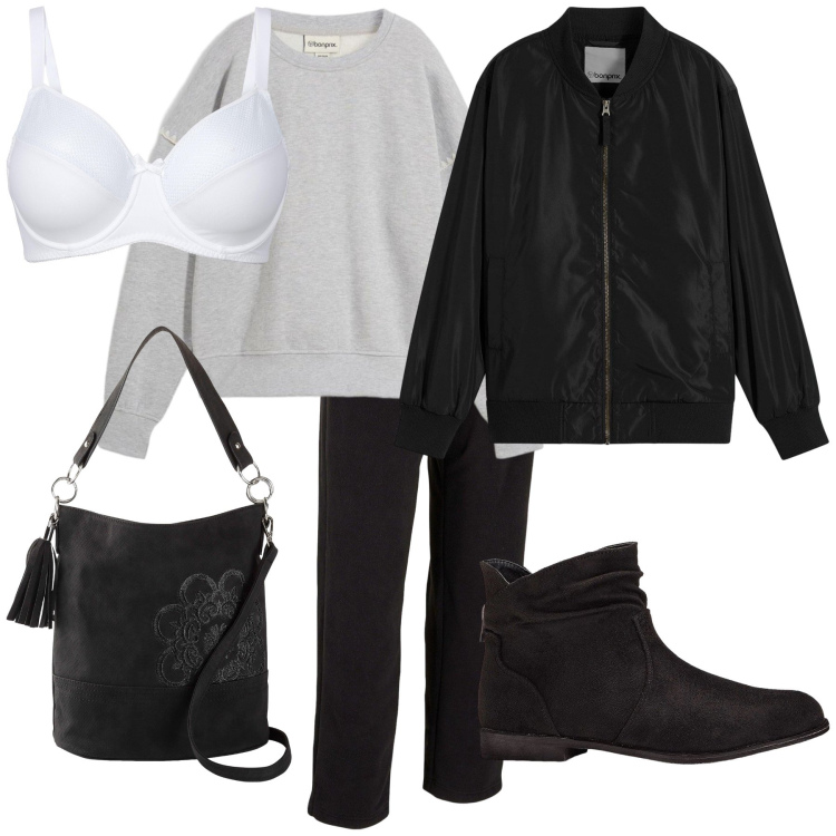 Outfit donna - Tutto il giorno in Bonprix. Stile Basic per Tutti i giorni. Abbinamento con stivaletti, reggiseni, borse a mano, pantaloni, bomber, felpe.