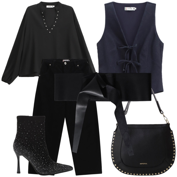 Outfit donna - Please che Imperial. Stile Glamour per Serata fuori. Abbinamento con pantaloni, camicie, gilet, cinture, stivaletti, borse a spalla.