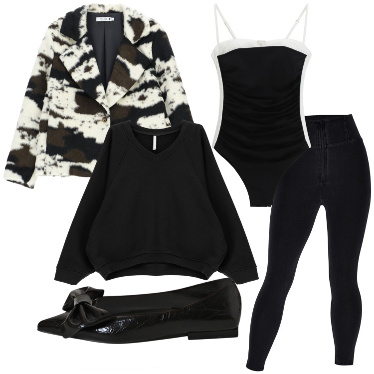 Outfit donna - Total look. Stile Trendy per Tutti i giorni. Abbinamento con blazer, ballerine, body, felpe, jeggings.