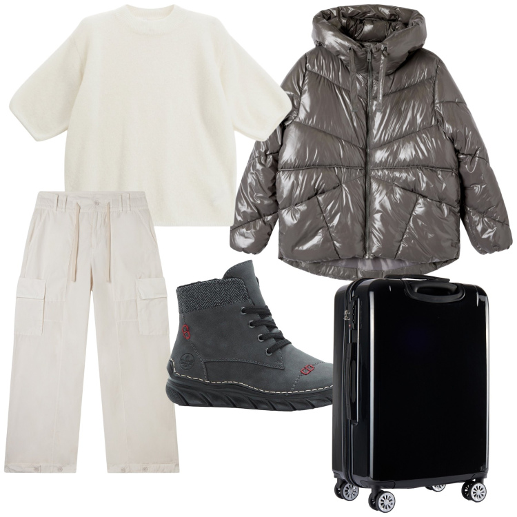 Outfit donna - Si parte. Stile Basic per Tutti i giorni. Abbinamento con stivaletti, bomber, maglieria, pantaloni cargo, valigie.