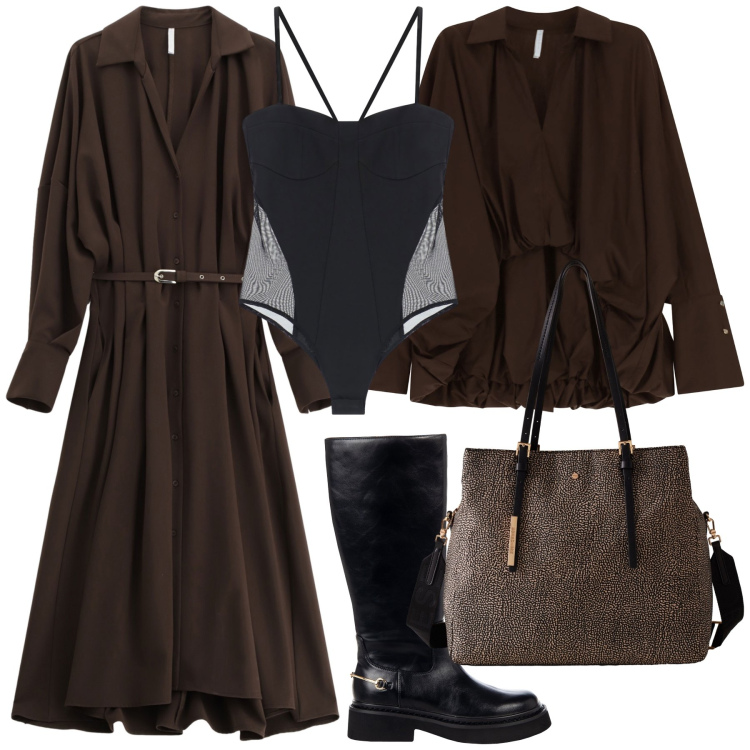 Outfit donna - Abito da ufficio. Stile Urban per Ufficio. Abbinamento con stivali sopra il ginocchio, camicie, body, vestiti lunghi, shopping bag.