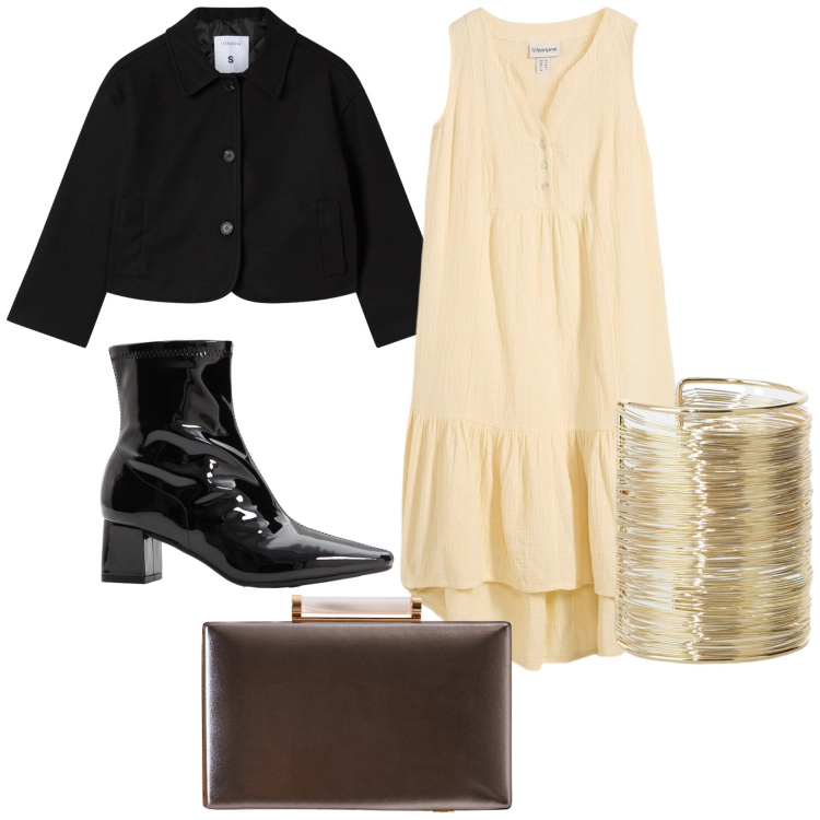 Outfit donna - L abito chiaro in inverno. Stile Trendy per Serata fuori. Abbinamento con vestiti, stivaletti, clutch, blazer, braccialetti.