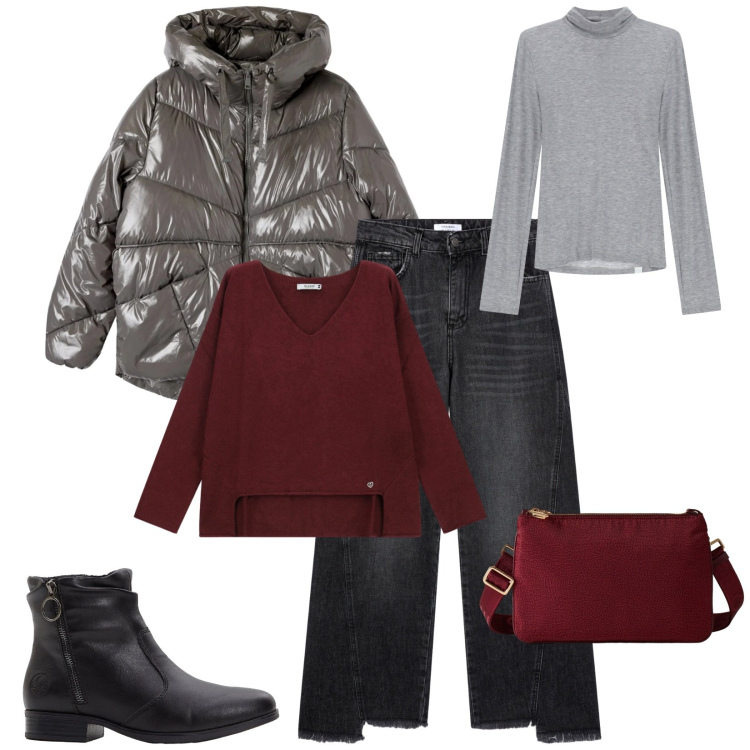 Outfit donna - Total look #2292965. Stile Casual per Tutti i giorni. Abbinamento con stivaletti, maglieria, jeans, bomber, maglieria, borse a tracolla.