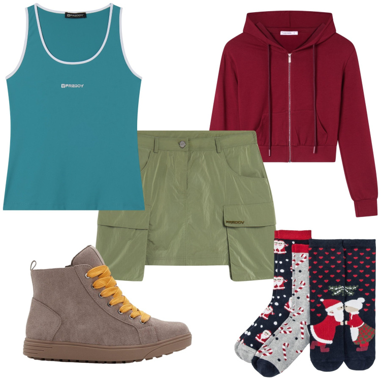 Outfit donna - Coloriamo le giornate buie. Stile Trendy per Tutti i giorni. Abbinamento con calzini, sneakers alte, felpe con cappuccio, minigonne, canottiere.