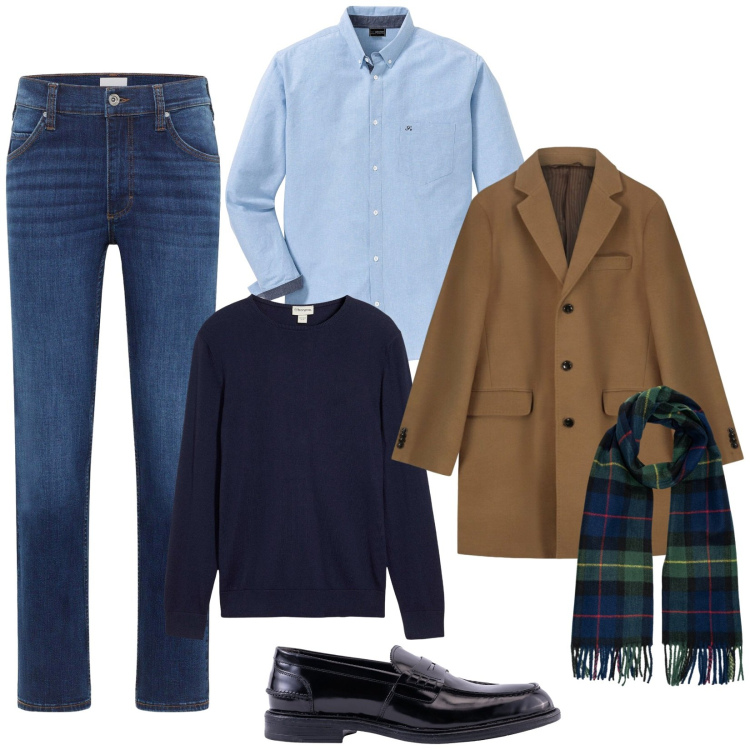 Outfit uomo - Total look #2292968. Stile Business/Elegante per Serata speciale. Abbinamento con maglieria, camicie, jeans dritti, sciarpe, scarpe stringate, cappotti.