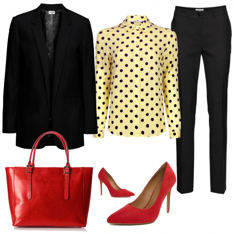 Outfit donna - Pois sulla camicia. Stile Basic per Ufficio. Abbinamento con pantaloni, blazer taglio dritto nero, camicetta con stampa aderente giallo, décolleté con tacco alto, shopping bag rosso.