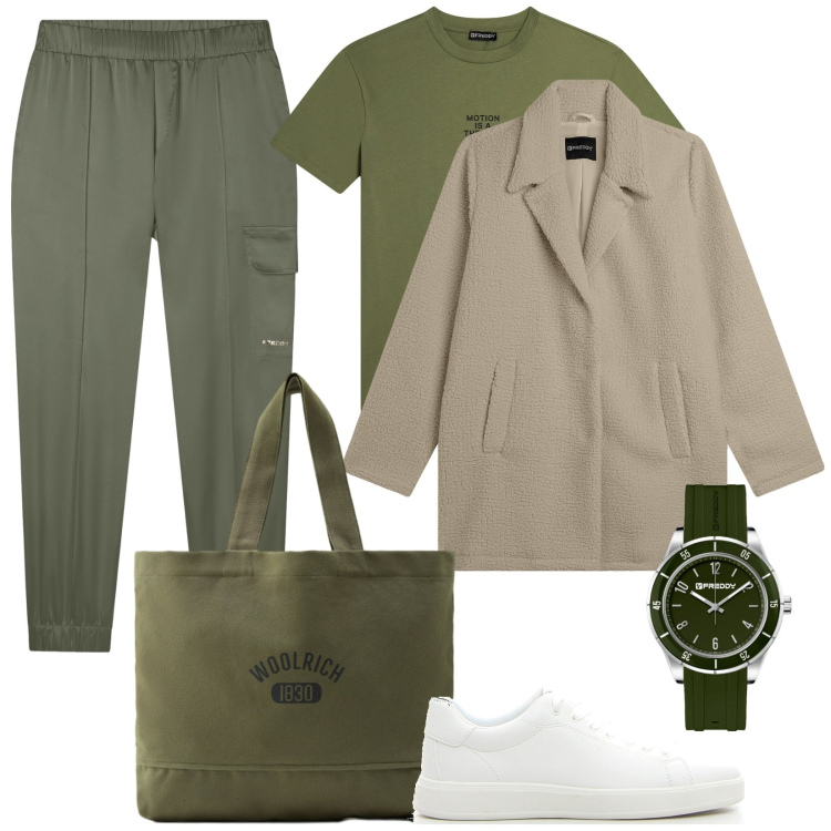 Outfit donna - Verde e Beige. Stile Casual chic per Tutti i giorni. Abbinamento con cappotti, t-shirt, orologi, pantaloni cargo, borse tote, sneakers.