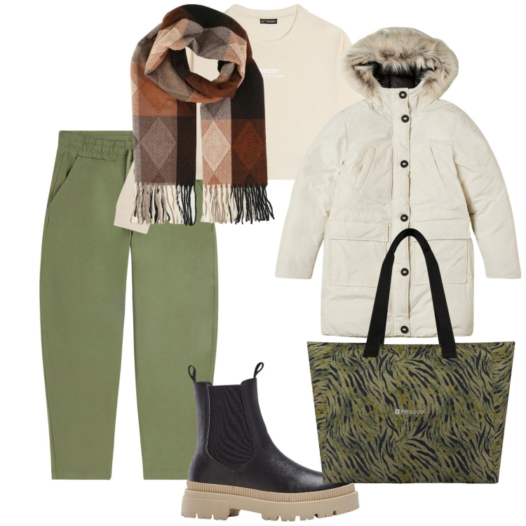 Outfit donna - Commissioni sotto la pioggia. per Tutti i giorni. Abbinamento con stivaletti chelsea, sciarpe, parka, pantaloni, shopping bag, felpe.