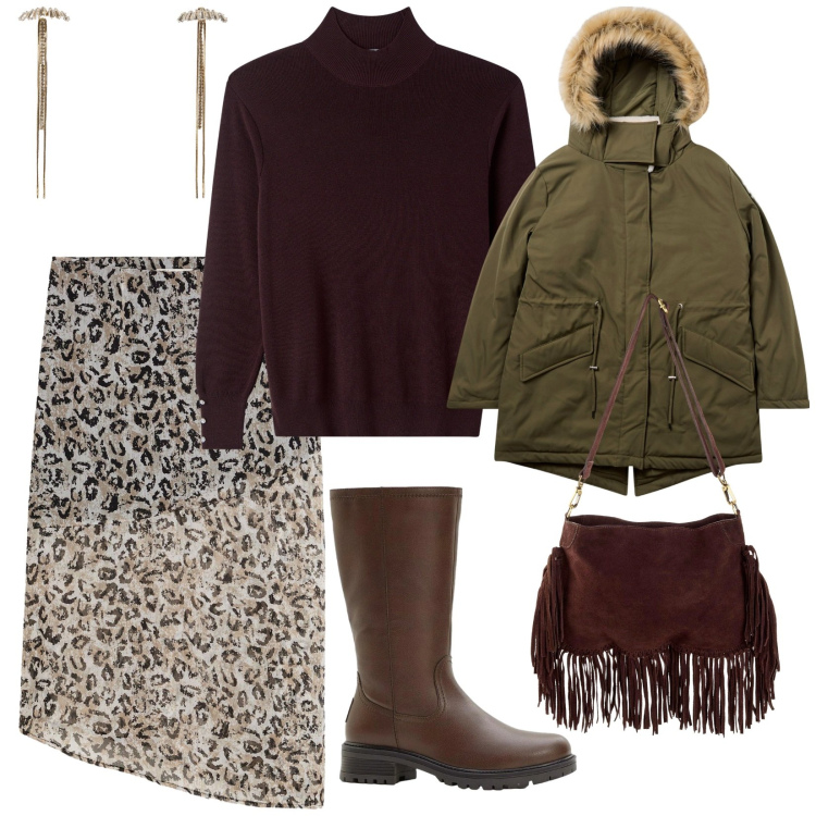 Outfit donna - Compere natalizie. per Tutti i giorni. Abbinamento con gonne longuette, borse a tracolla, stivali, orecchini, parka, pullovers.