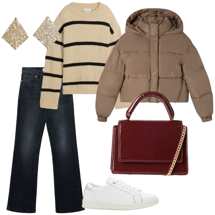 Outfit donna - Orecchini vintage. per Tutti i giorni. Abbinamento con sneakers, maglieria, jeans bootcut, orecchini, bomber, borse a tracolla.