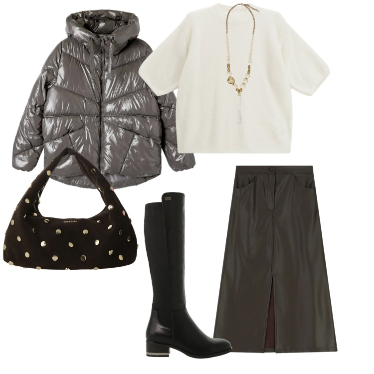 Outfit donna - Ogni giorno. per Tutti i giorni. Abbinamento con bomber, gonne longuette, stivali sopra il ginocchio, borse a spalla, maglieria, ciondoli.