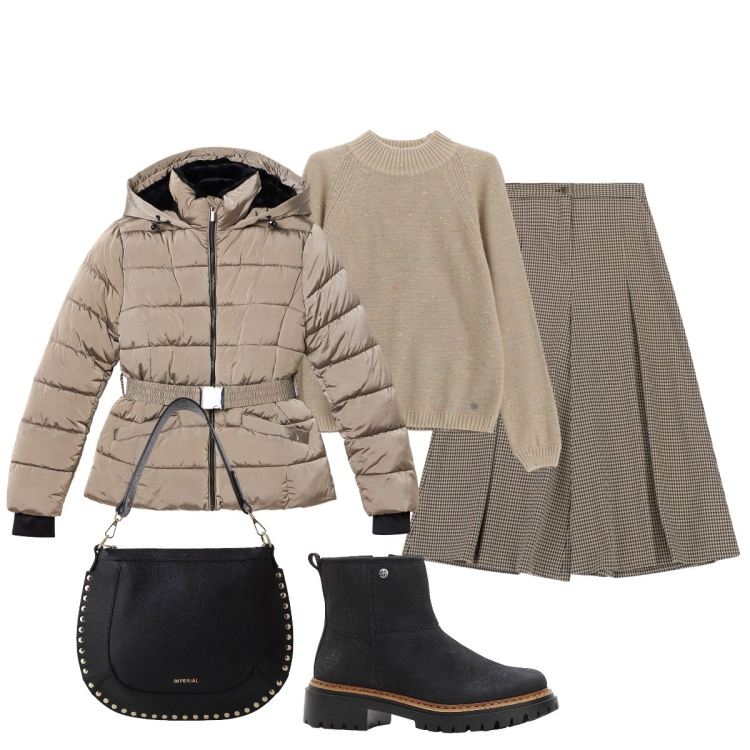 Outfit donna - Total look #2293090. Stile Casual chic per Tutti i giorni. Abbinamento con stivaletti, maglieria, piumini, pantaloni a palazzo, borse a spalla.