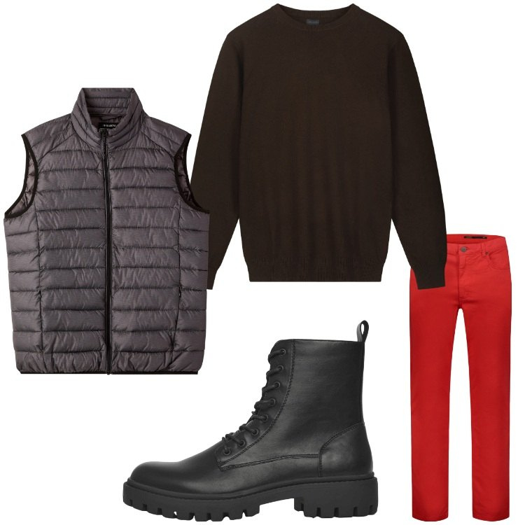 Outfit uomo - Red rain. Stile Casual per Tutti i giorni. Abbinamento con anfibi, piumini, pantaloni, maglieria.