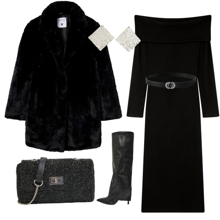 Outfit donna - Black Friday. Stile Chic per Serata fuori. Abbinamento con vestiti lunghi, cinture, stivali, cappotti, orecchini, borse a tracolla.