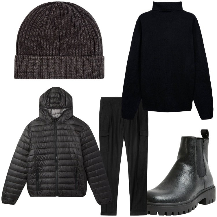 Outfit uomo - Piove. Stile Casual per Tutti i giorni. Abbinamento con stivali e stivaletti, maglieria, berretti, piumini, pantaloni cargo.