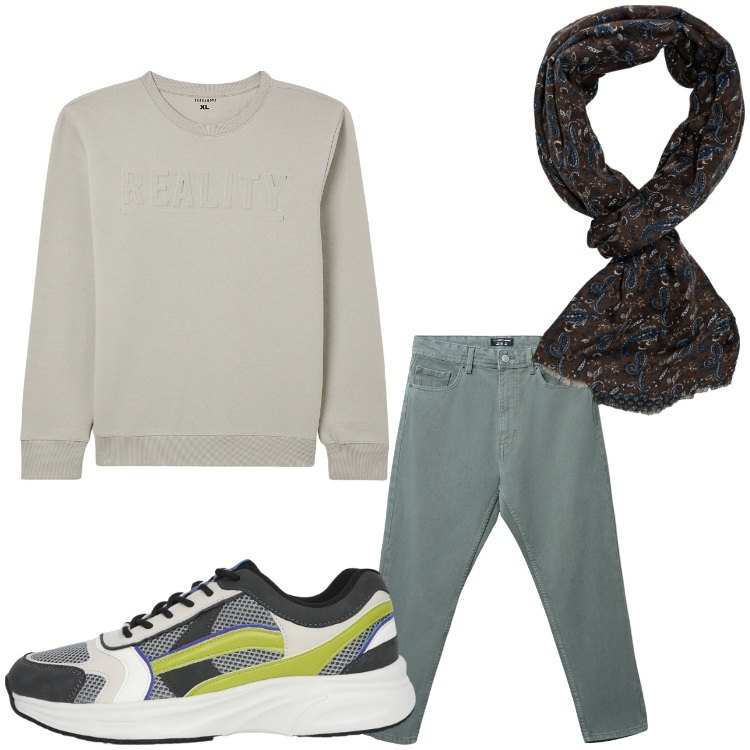 Outfit uomo - In partenza. Stile Casual per Tutti i giorni. Abbinamento con felpe, jeans, sneakers, sciarpe.