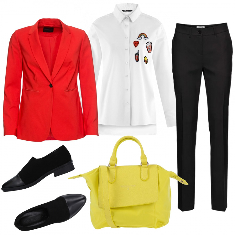 Outfit donna - Blazer rosso. Stile Basic per Ufficio. Abbinamento con pantaloni, blazer, mocassini effetto scamosciato con tacco squadrato interno sfoderato a punta in pelle sintetica tinta unita, borsa a mano petit con zip interno foderato in tessuto tecnico tinta unita, camicia a giromanica aderente bianco.
