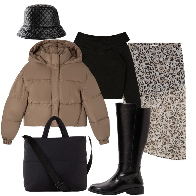 Outfit donna - Sofisticata e originale. Stile Minimal per Tutti i giorni. Abbinamento con cappelli con visiera, gonne longuette, shopping bag, stivali, maglieria, bomber.