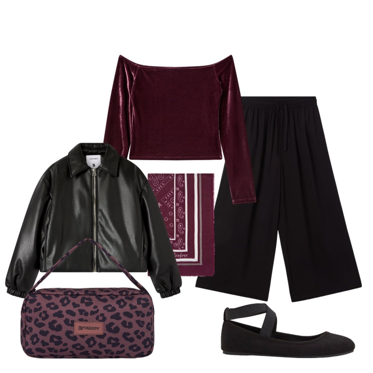 Outfit donna - Disinvolta. Stile Glamour per Serata fuori. Abbinamento con ballerine, pantaloni a palazzo, bomber, bluse, borse a spalla, foulard.