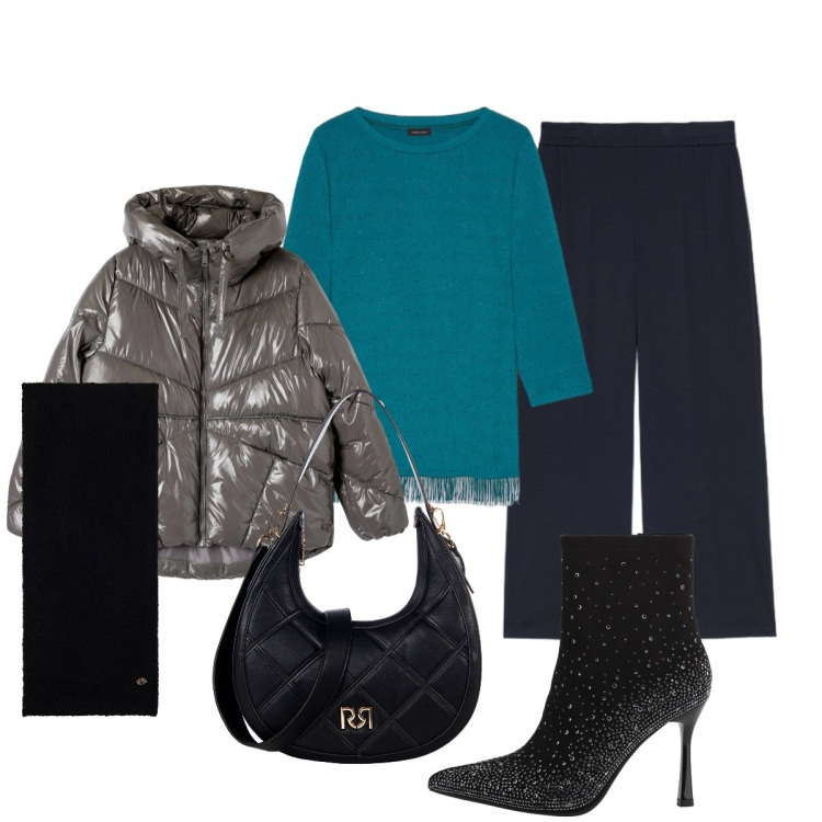 Outfit donna - La blusa turchese. Stile Glamour per Tutti i giorni. Abbinamento con borse a tracolla, bomber, stivaletti, sciarpe, bluse, pantaloni.