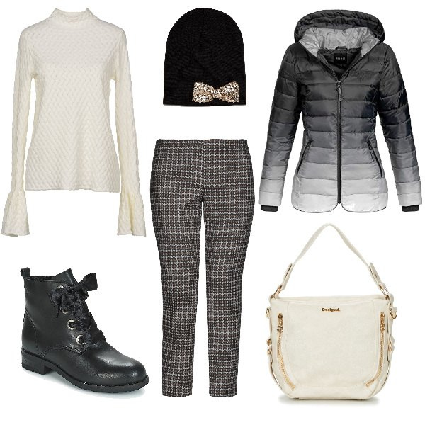 Outfit donna - L\'inverno in saldo. Stile Urban per Tutti i giorni. Abbinamento con pantalone pied de poule con zip elasticizzato, maglioncino lavorato a maglia collo a dolcevita a maniche lunghe tinta unita, borsa mini bianco, stivaletti nero, giacca tinta unita nero, cappello con fiocco e paillettes.