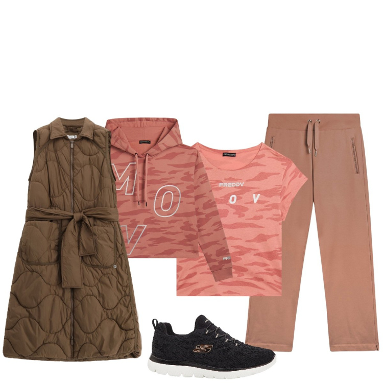 Outfit donna - Sporty chic con Freddy. Stile Sporty chic per Tutti i giorni. Abbinamento con sneakers, blazer, t-shirt sportive, felpe sportive, pantaloni sportivi.