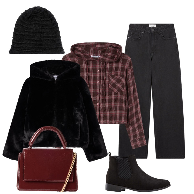 Outfit donna - Total look #2293252. Stile Casual chic per Tutti i giorni. Abbinamento con berretti, stivaletti chelsea, jeans, camicie, ecopellicce, borse a tracolla.