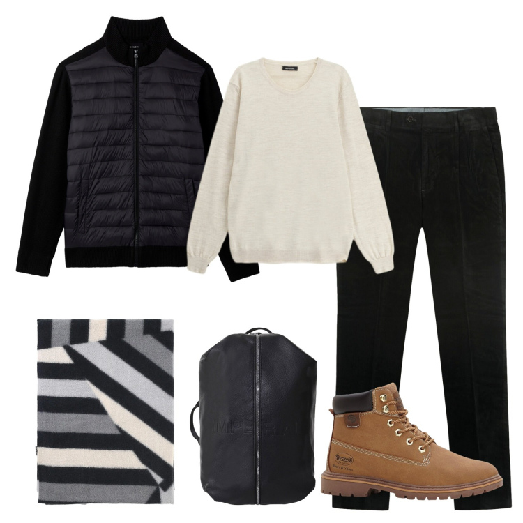 Outfit uomo - Stile da viaggio!. Stile Urban per Tutti i giorni. Abbinamento con stivali e stivaletti, piumini, borse sportive, maglieria, sciarpe, pantaloni.