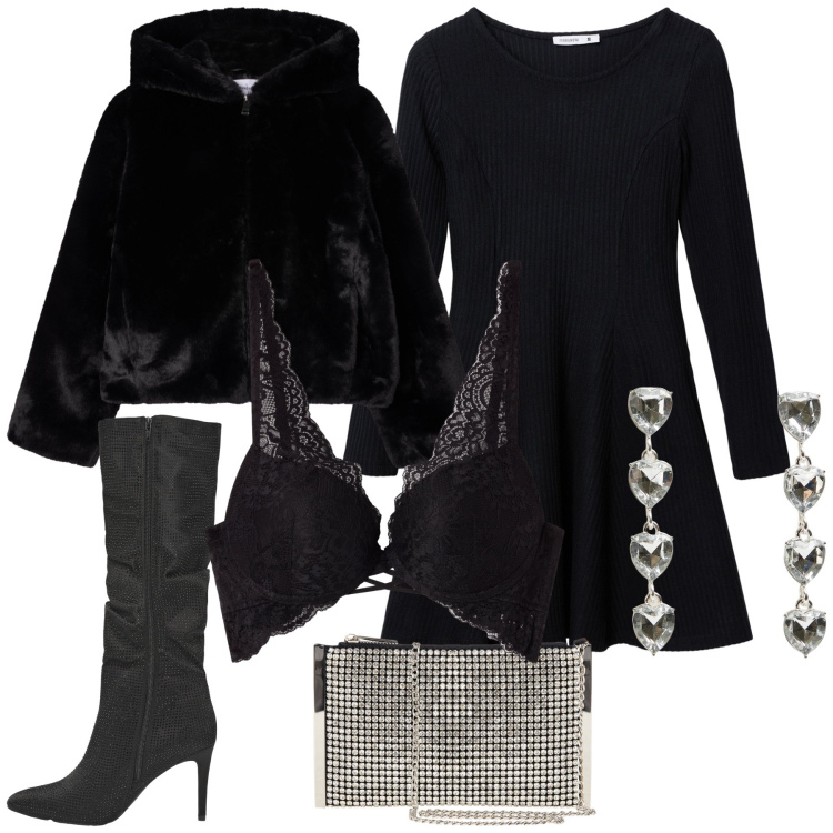 Outfit donna - Romantic evening. Stile Glamour per Serata fuori. Abbinamento con pochette, reggiseni, orecchini, stivali, ecopellicce, vestiti corti.