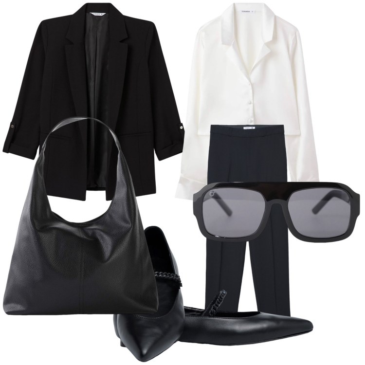 Outfit donna - Appuntamento di lavoro. Stile Chic per Ufficio. Abbinamento con shopping bag, camicie, blazer, pantaloni, occhiali da sole, ballerine.